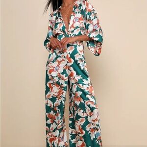 Lulu’s From Sunrise Teal Floral Print Wide-Leg Jumpsuit - only worn once!